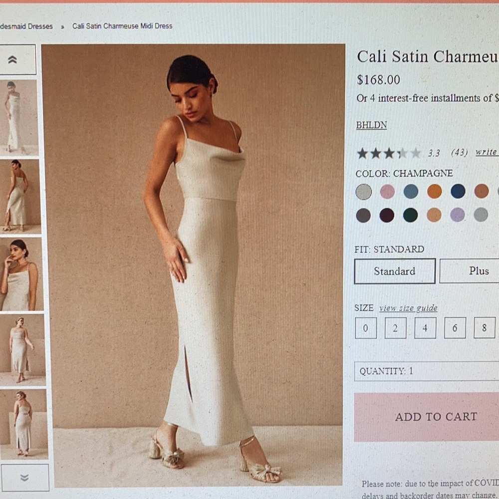 COPY - BHLDN Cali satin charmeuse midi dress NWT in champagne